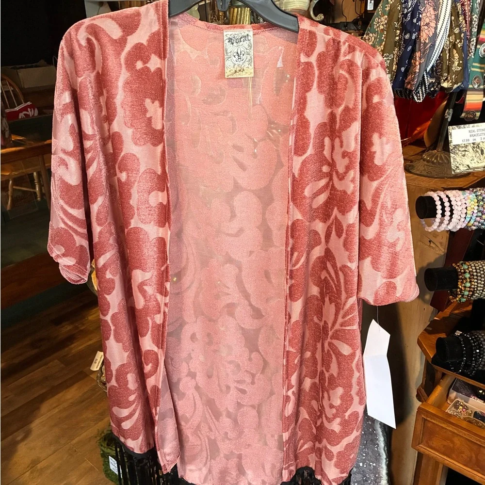 Vocal Dusty Rose Floral Sheer Kimono - Picture 2 of 6